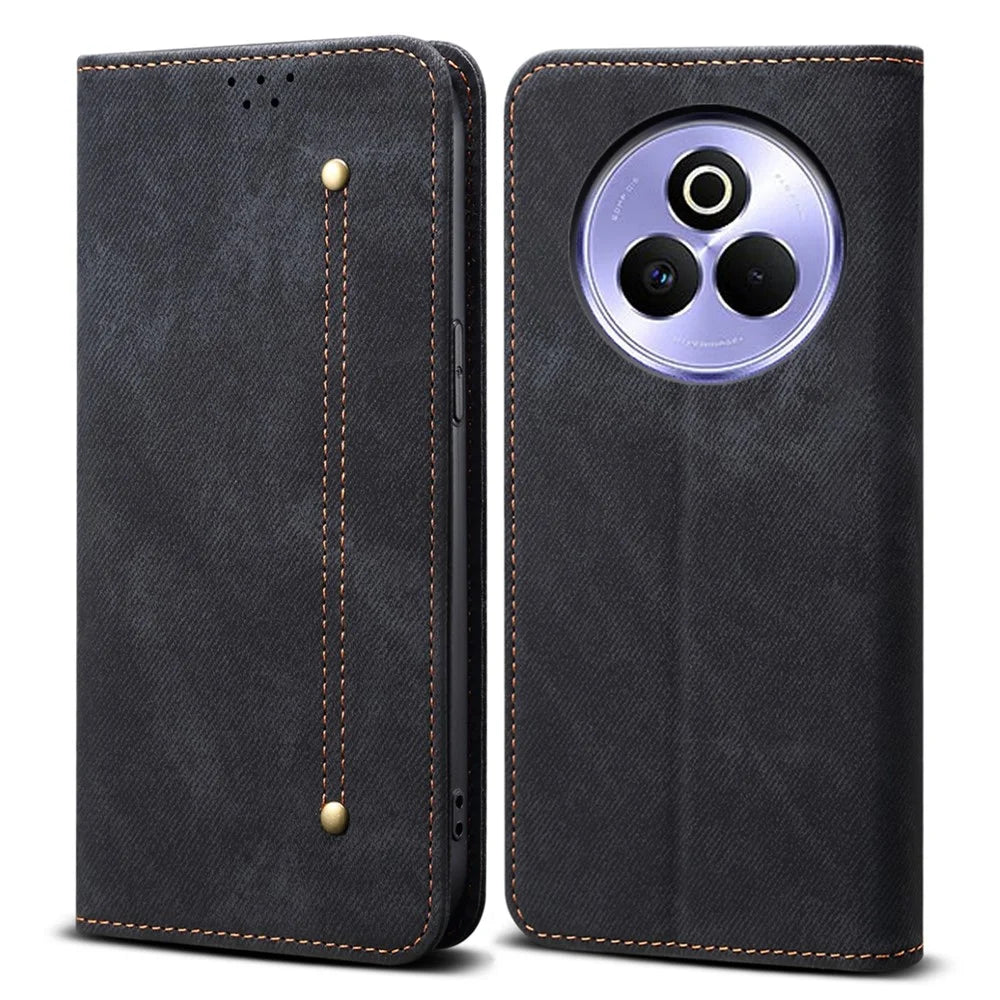 For Realme P3 Pro 5G Case Jeans Cloth Texture Anti-Scratch Leather Stand Phone Cover - Black - 1