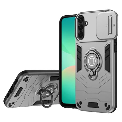 For Samsung Galaxy A26 5G Case Slide Camshield Kickstand PC+TPU Phone Cover - Grey - 1