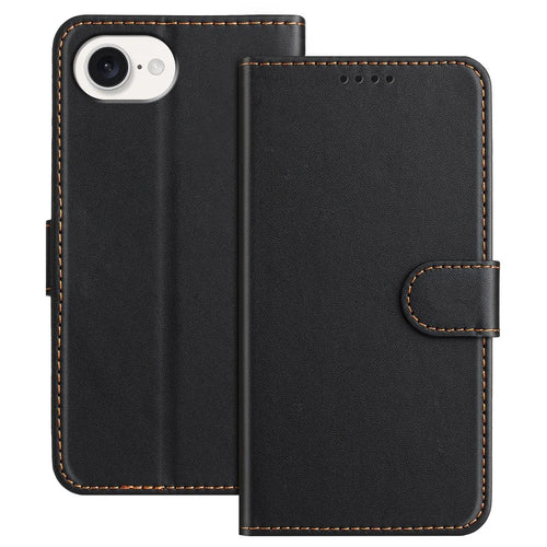For iPhone 17e / 16e Leather Case Wallet Stand Solid Color Anti Drop Phone Cover - Black - 1