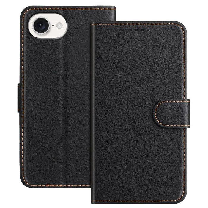 For iPhone 17e / 16e Leather Case Wallet Stand Solid Color Anti Drop Phone Cover - Black - 1