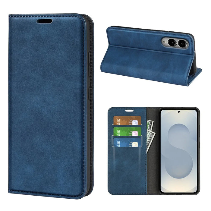 For Samsung Galaxy S25 Edge Case Skin Touch Leather Wallet Phone Cover - Blue - 1