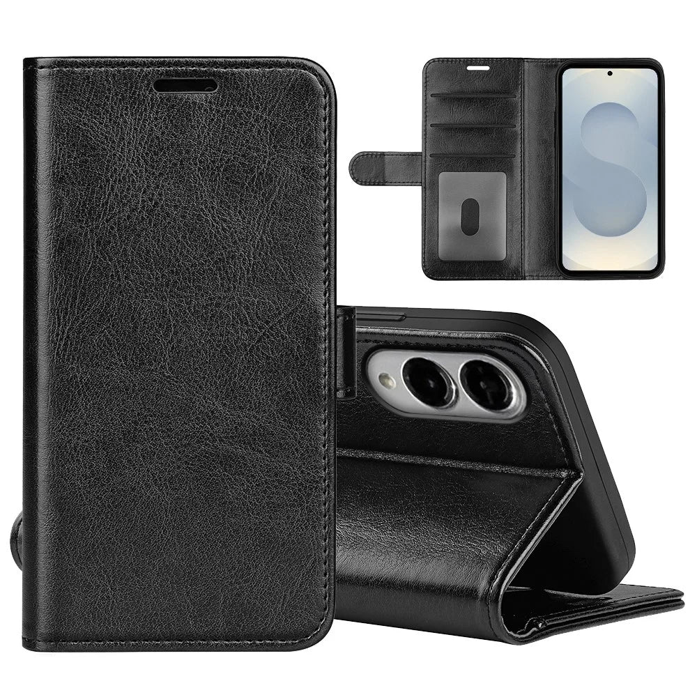 For Samsung Galaxy S25 Edge Case Crazy Horse Texture Stand Leather Phone Cover - Black - 1