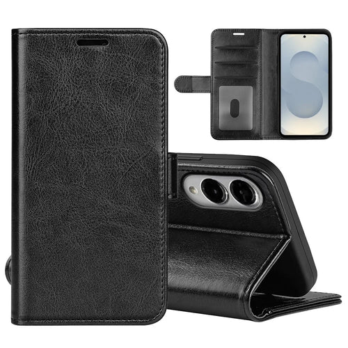 For Samsung Galaxy S25 Edge Case Crazy Horse Texture Stand Leather Phone Cover - Black - 1