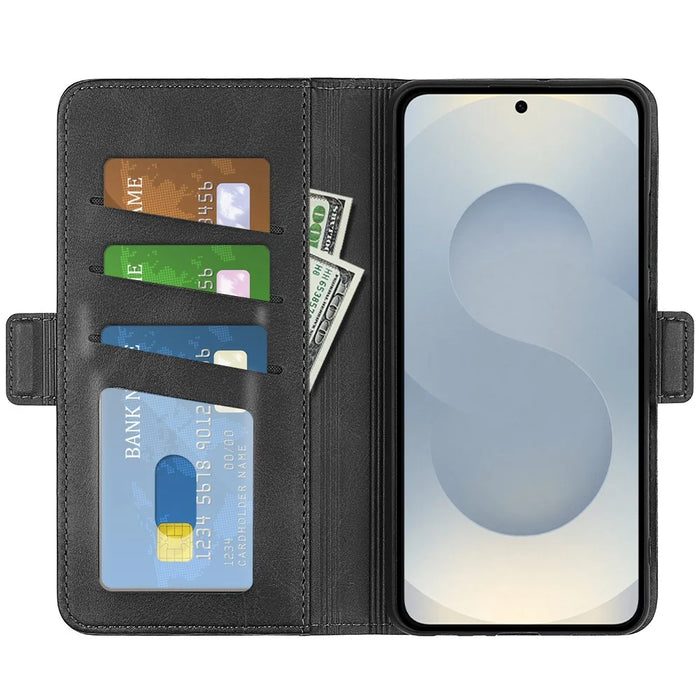 For Samsung Galaxy S25 Edge Case Calf Texture Leather Wallet Phone Cover - Black - 2