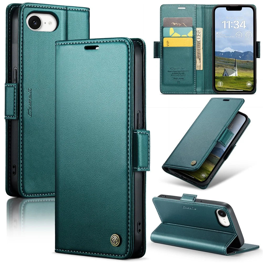 CASEME For iPhone 17e / 16e Leather Case  023 RFID Blocking 3 Card Slot Mobile Cover - Green - 1