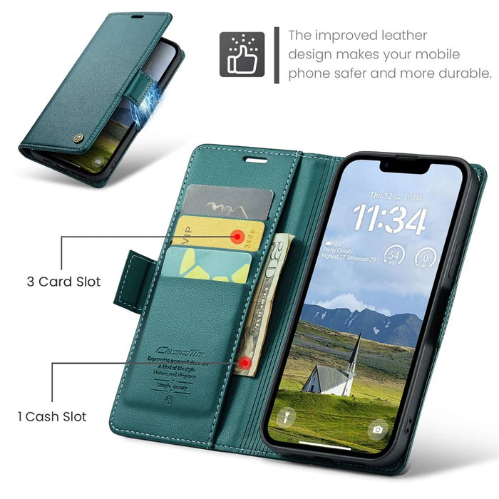 CASEME For iPhone 17e / 16e Leather Case  023 RFID Blocking 3 Card Slot Mobile Cover - Green - 3