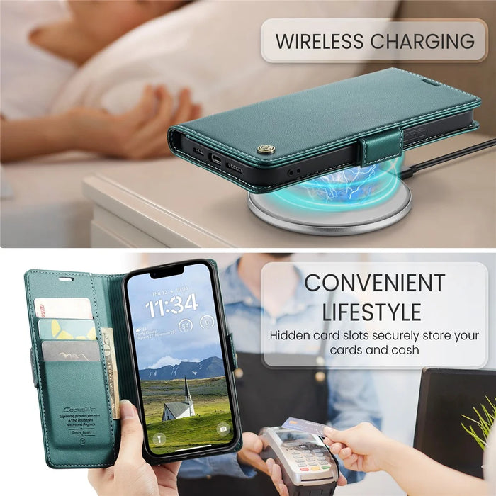CASEME For iPhone 17e / 16e Leather Case  023 RFID Blocking 3 Card Slot Mobile Cover - Green - 5
