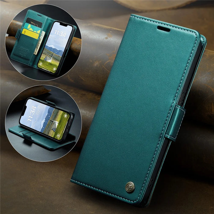 CASEME For iPhone 17e / 16e Leather Case  023 RFID Blocking 3 Card Slot Mobile Cover - Green - 6
