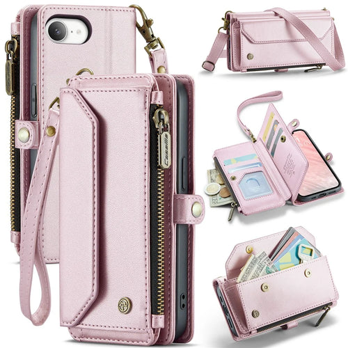 CASEME For iPhone 17e / 16e Leather Case  C36 Zipper Multiple Card Slots Phone Cover with Straps - Pink - 1