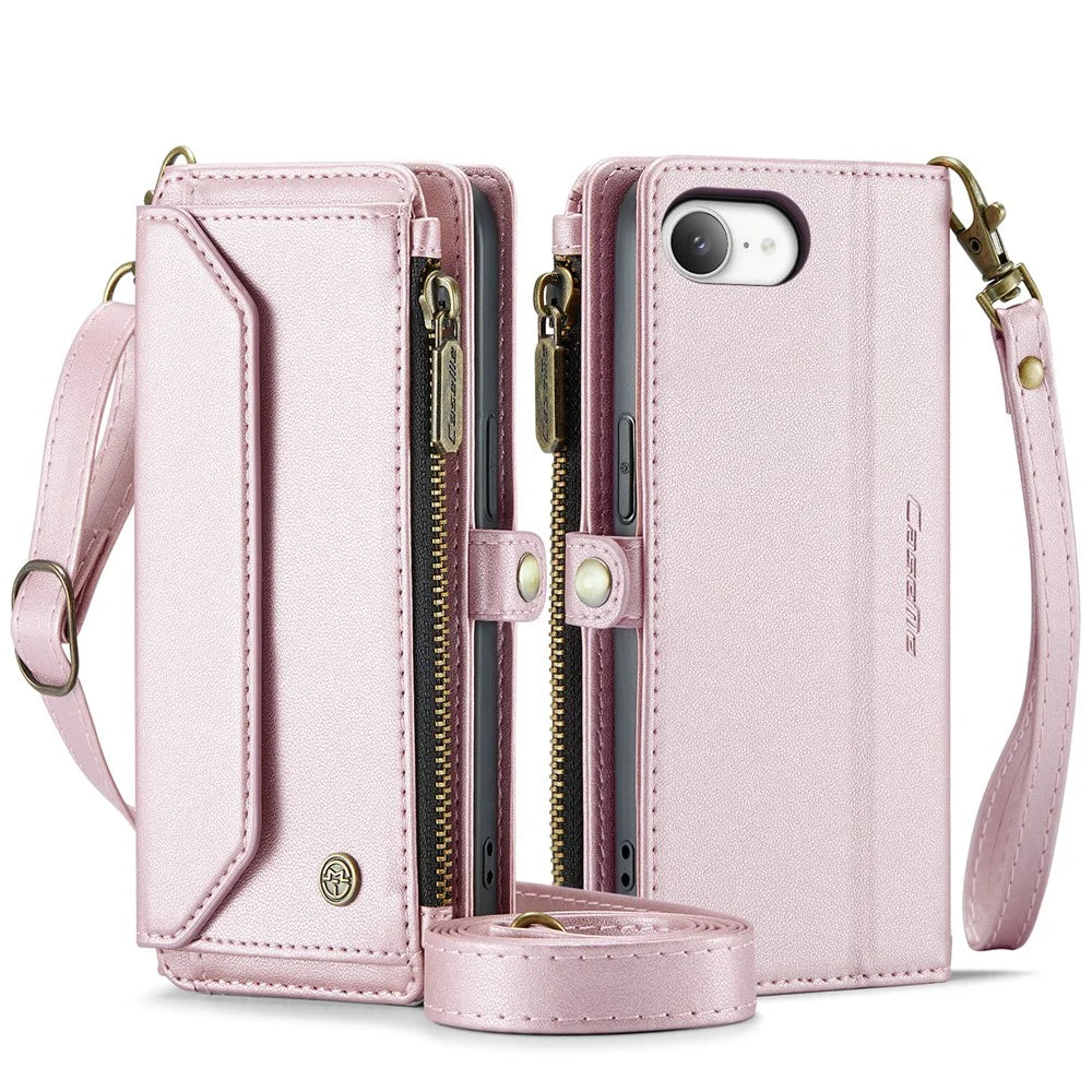 CASEME For iPhone 17e / 16e Leather Case  C36 Zipper Multiple Card Slots Phone Cover with Straps - Pink - 2