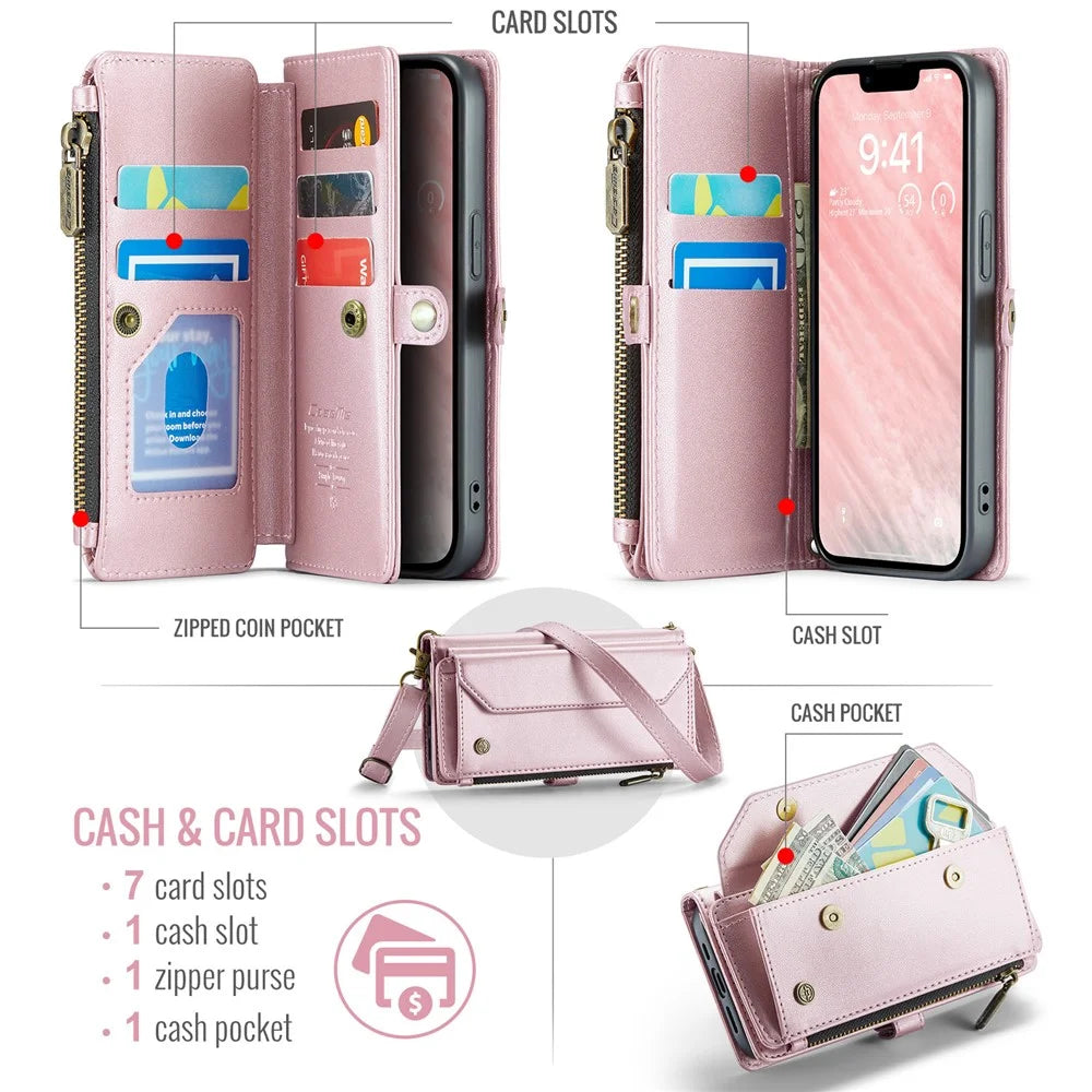 CASEME For iPhone 17e / 16e Leather Case  C36 Zipper Multiple Card Slots Phone Cover with Straps - Pink - 3