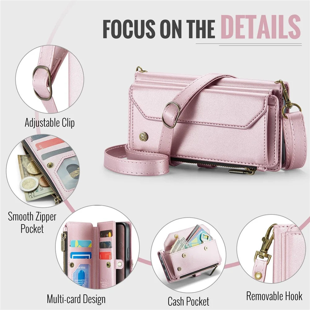 CASEME For iPhone 17e / 16e Leather Case  C36 Zipper Multiple Card Slots Phone Cover with Straps - Pink - 4