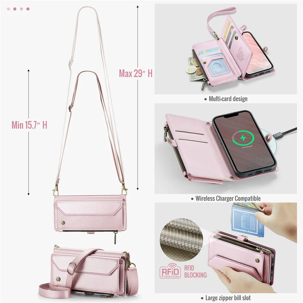 CASEME For iPhone 17e / 16e Leather Case  C36 Zipper Multiple Card Slots Phone Cover with Straps - Pink - 5