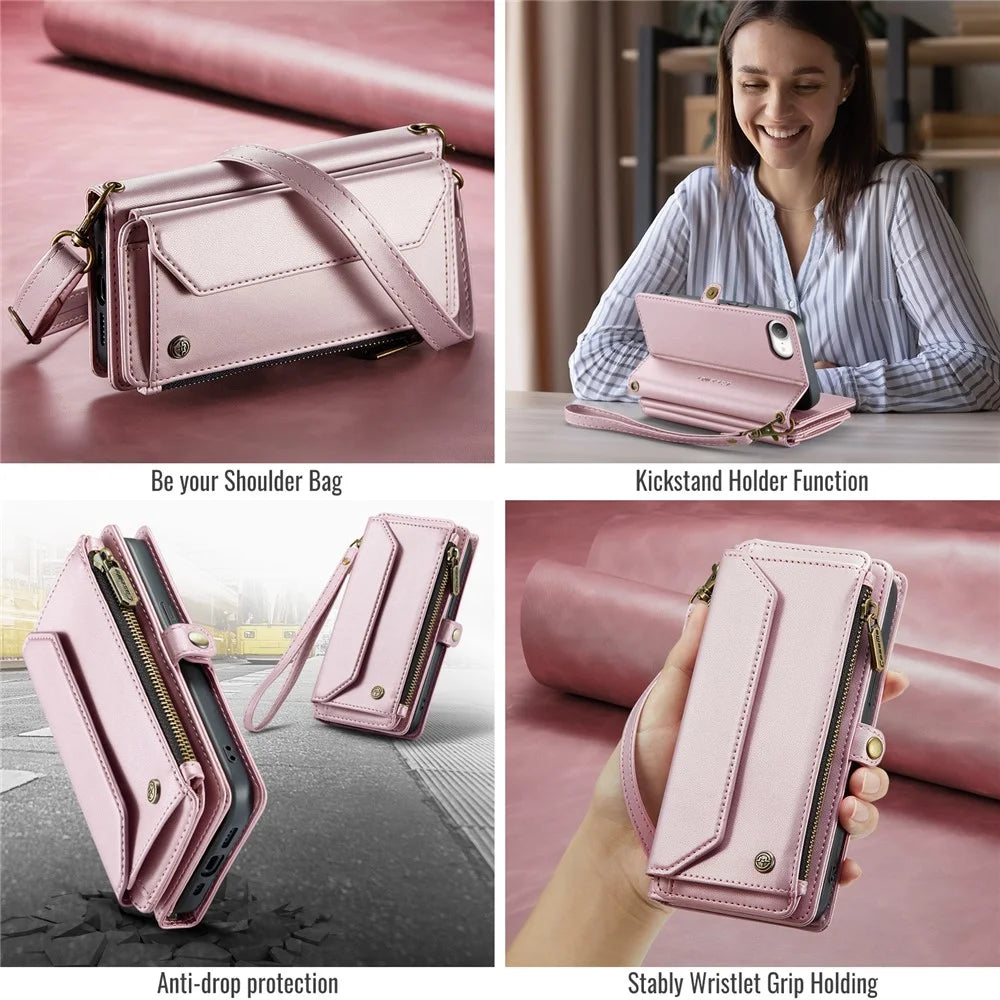 CASEME For iPhone 17e / 16e Leather Case  C36 Zipper Multiple Card Slots Phone Cover with Straps - Pink - 6