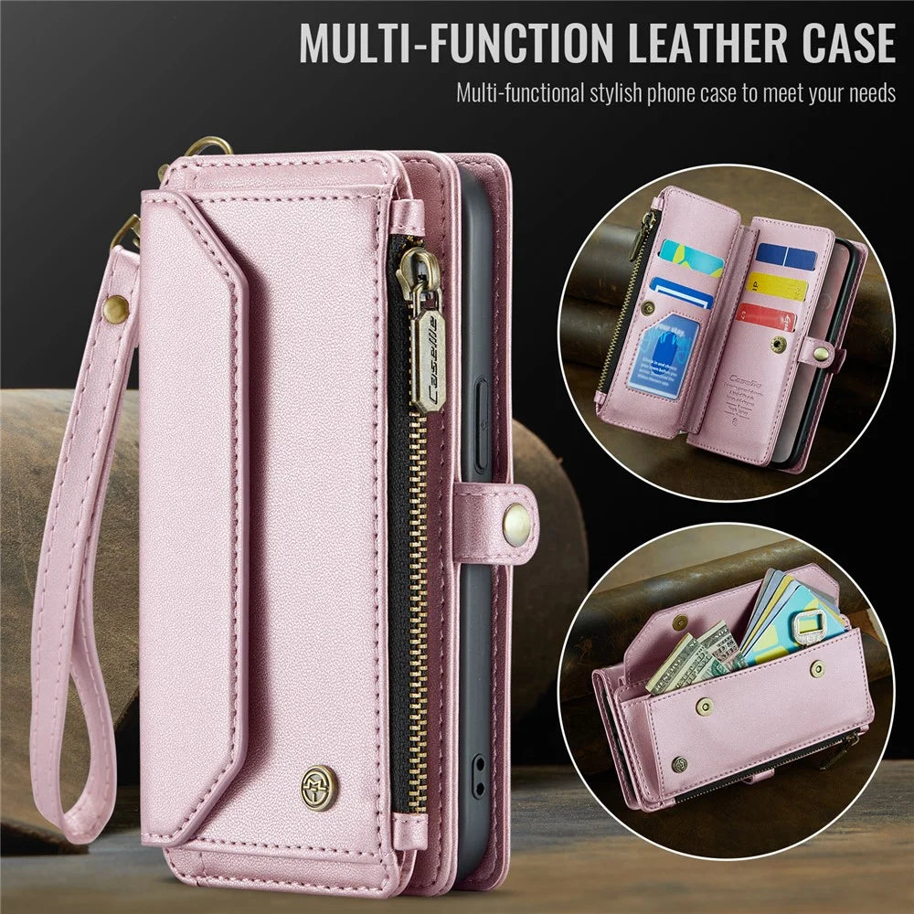 CASEME For iPhone 17e / 16e Leather Case  C36 Zipper Multiple Card Slots Phone Cover with Straps - Pink - 7