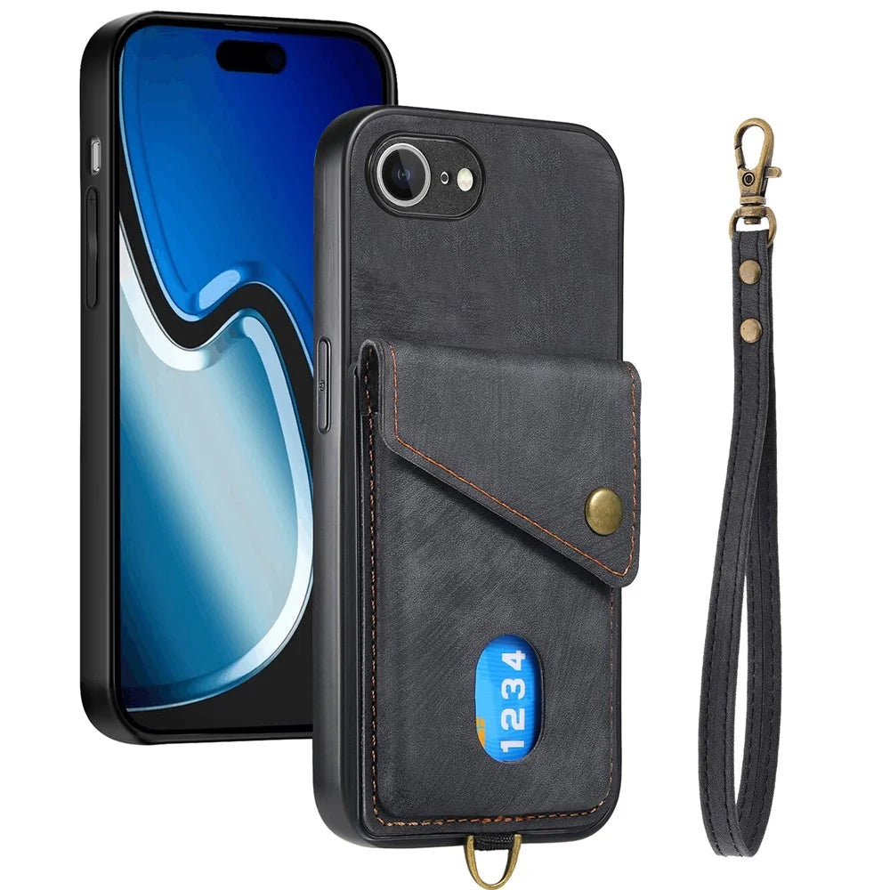 For iPhone 17e / 16e Case with Card Holder Kickstand Leather Phone Back Cover - Black - 1
