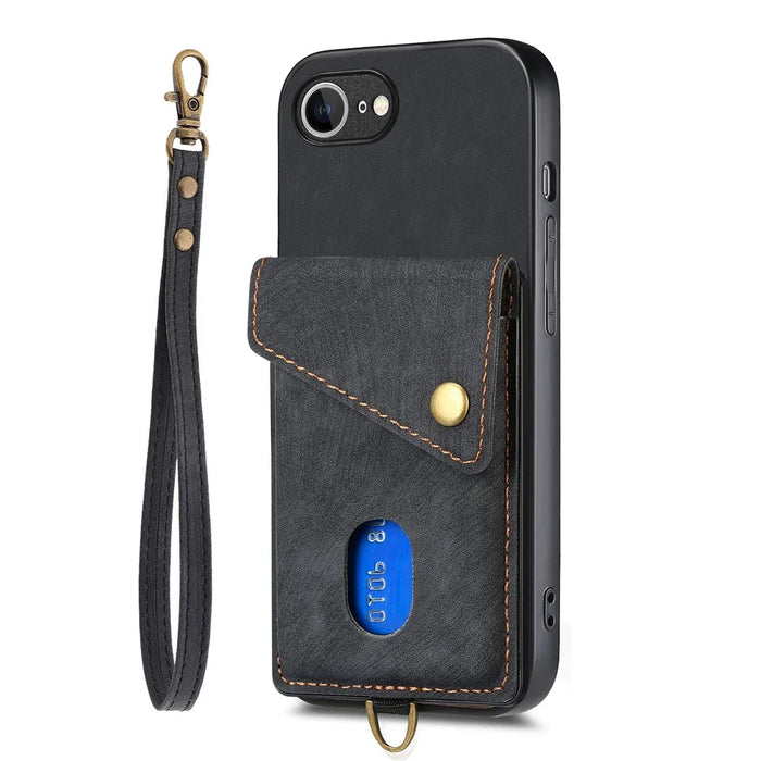 For iPhone 17e / 16e Case with Card Holder Kickstand Leather Phone Back Cover - Black - 2