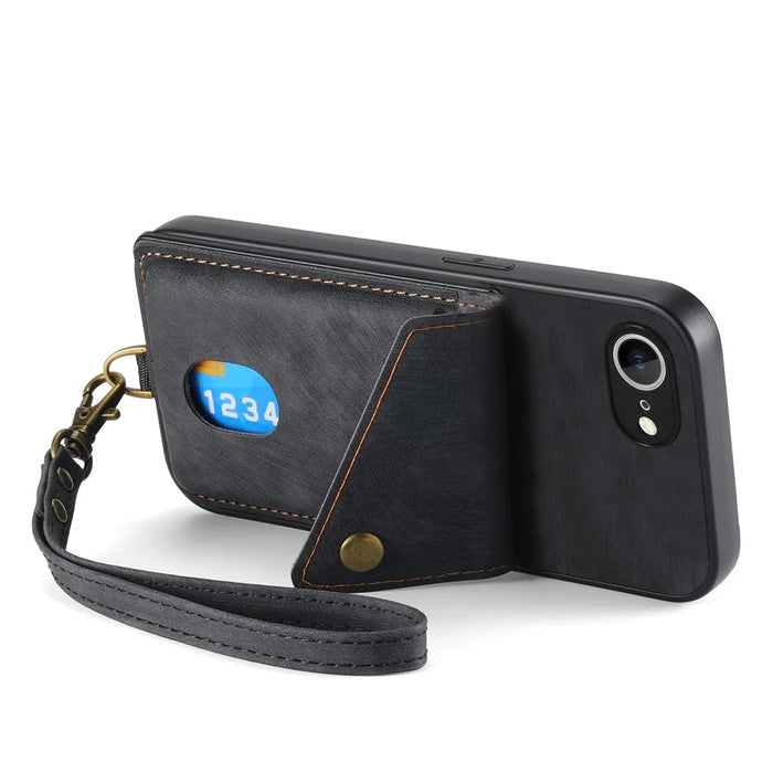 For iPhone 17e / 16e Case with Card Holder Kickstand Leather Phone Back Cover - Black - 3