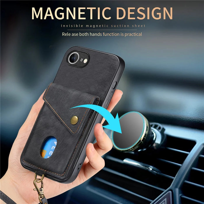 For iPhone 17e / 16e Case with Card Holder Kickstand Leather Phone Back Cover - Black - 5