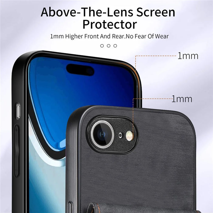 For iPhone 17e / 16e Case with Card Holder Kickstand Leather Phone Back Cover - Black - 6