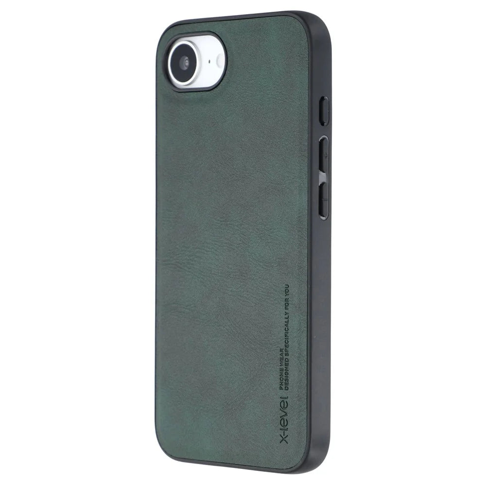X-LEVEL Bojue-3 Series For iPhone 17e / 16e Case Leather Coated PC+TPU Phone Back Cover - Midnight Green - 3