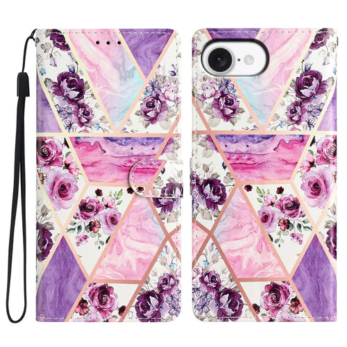 For iPhone 17e / 16e Wallet Case PU Leather Pattern Printing Stand Phone Cover with Strap - Purple Flowers - 1