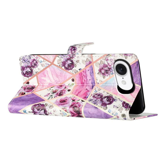For iPhone 17e / 16e Wallet Case PU Leather Pattern Printing Stand Phone Cover with Strap - Purple Flowers - 4