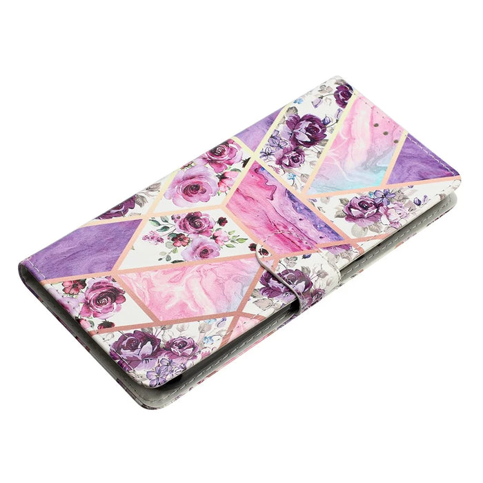 For iPhone 17e / 16e Wallet Case PU Leather Pattern Printing Stand Phone Cover with Strap - Purple Flowers - 5
