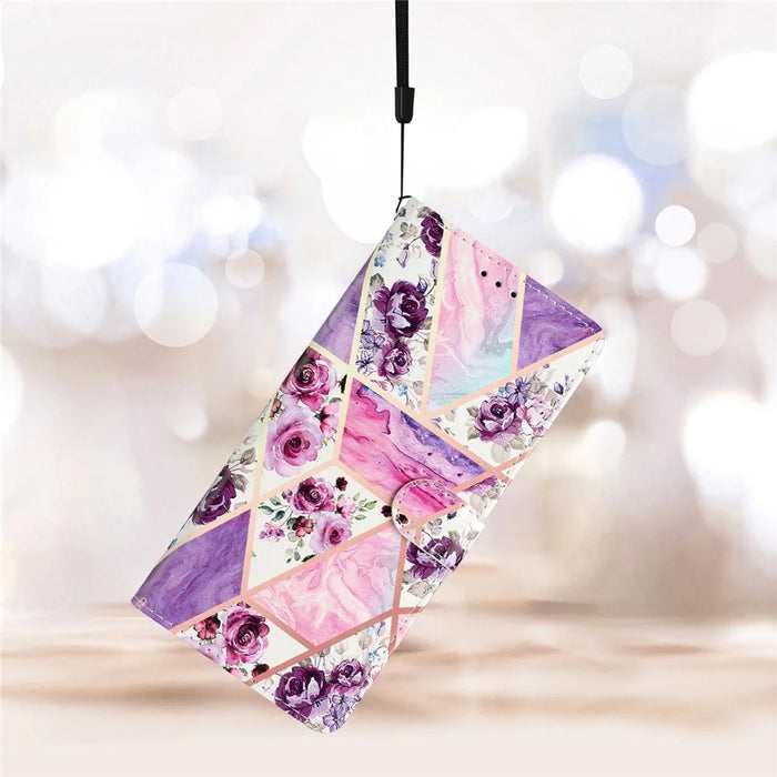 For iPhone 17e / 16e Wallet Case PU Leather Pattern Printing Stand Phone Cover with Strap - Purple Flowers - 7