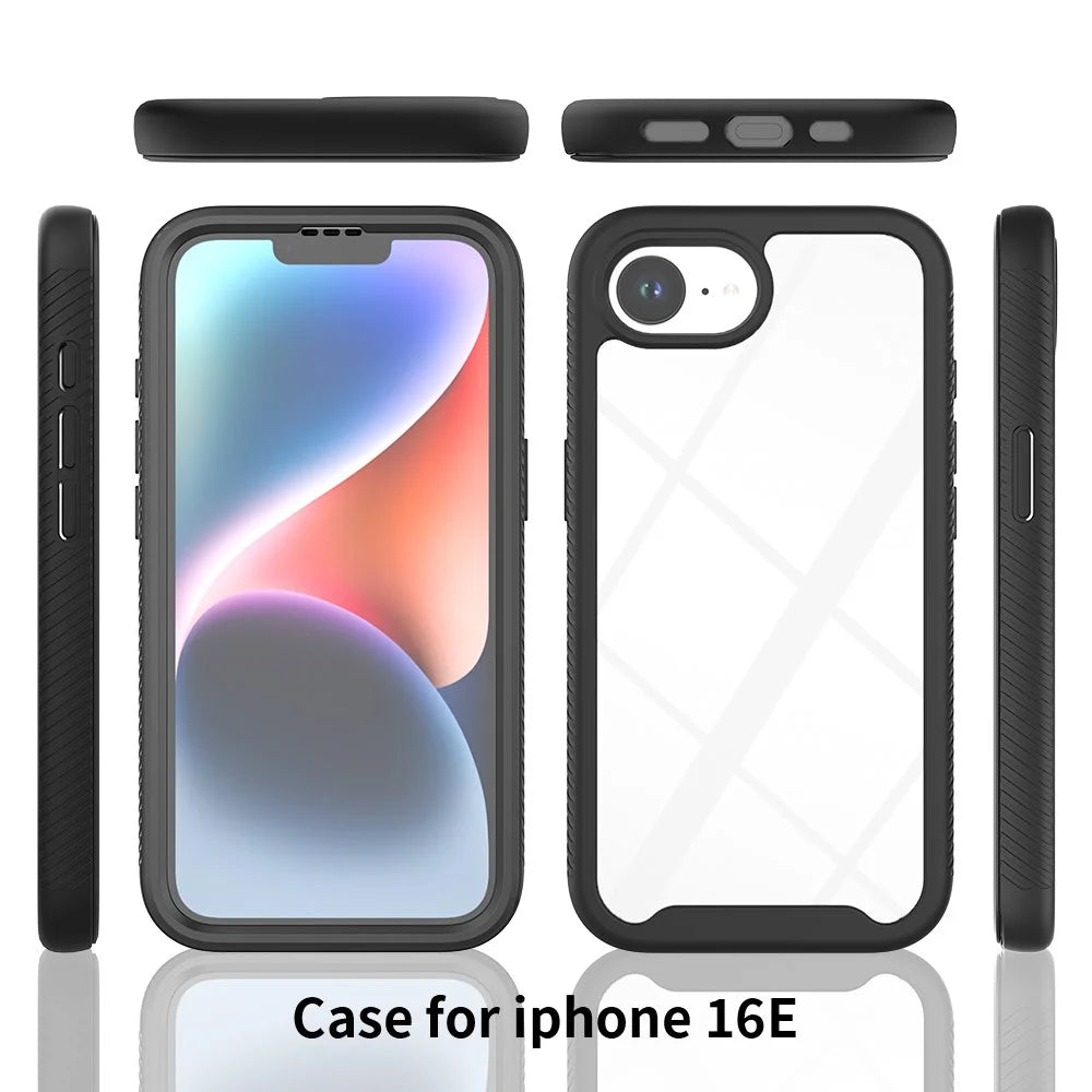 For iPhone 17e / 16e Case PC + TPU Phone Clear Back Cover with PET Screen Film - Black - 6