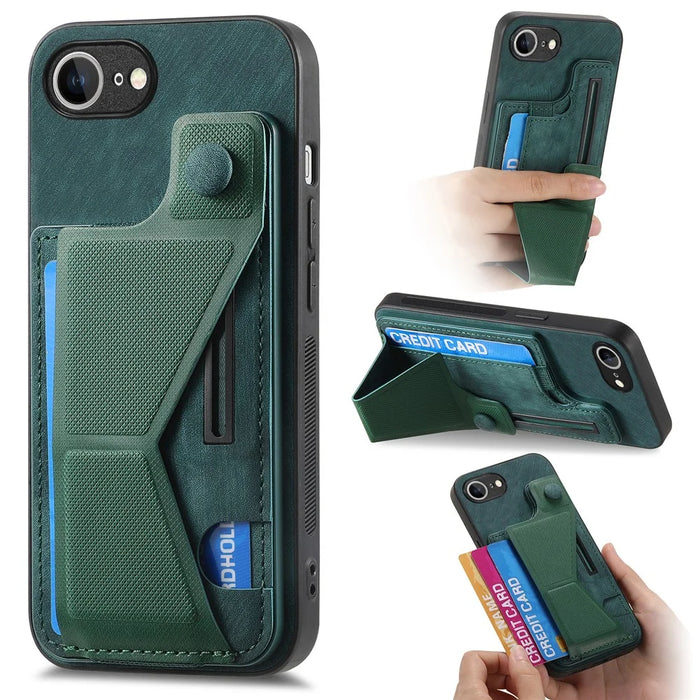 For iPhone 17e / 16e Case with Card Slot Kickstand Retro Leather Back Cover - Green - 1