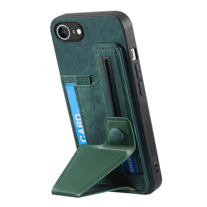 For iPhone 17e / 16e Case with Card Slot Kickstand Retro Leather Back Cover - Green - 3