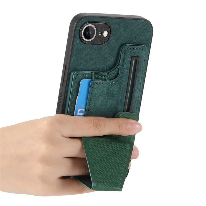 For iPhone 17e / 16e Case with Card Slot Kickstand Retro Leather Back Cover - Green - 5
