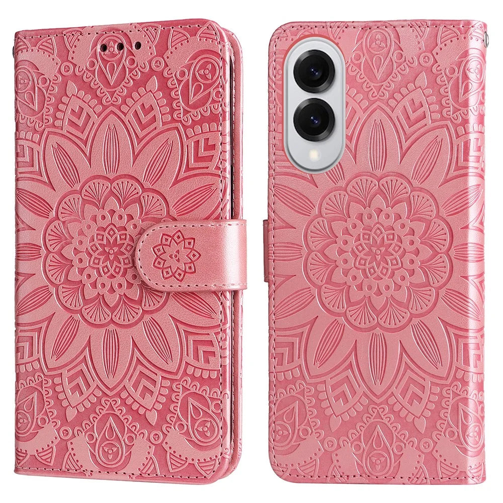 For Samsung Galaxy S25 Edge Case Sunflower Imprint Leather Wallet Phone Cover - Pink - 1