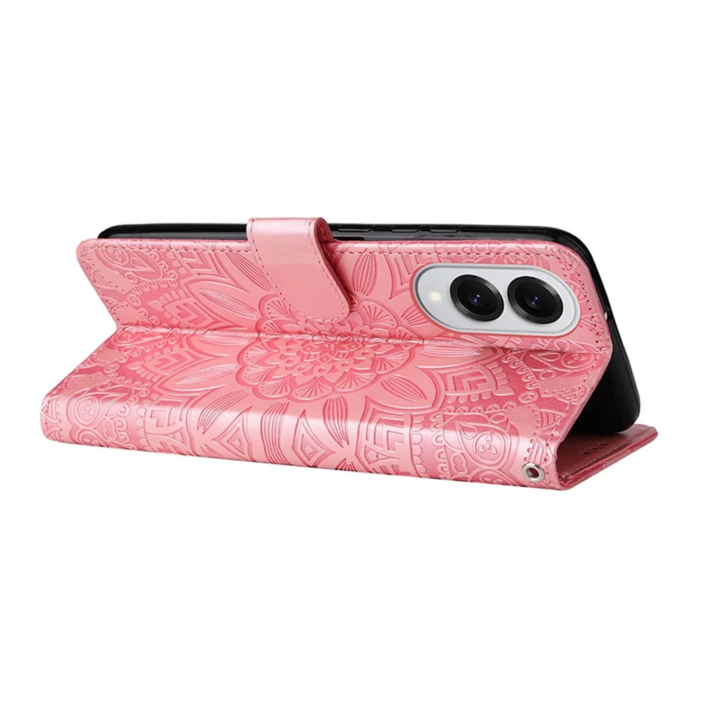 For Samsung Galaxy S25 Edge Case Sunflower Imprint Leather Wallet Phone Cover - Pink - 2