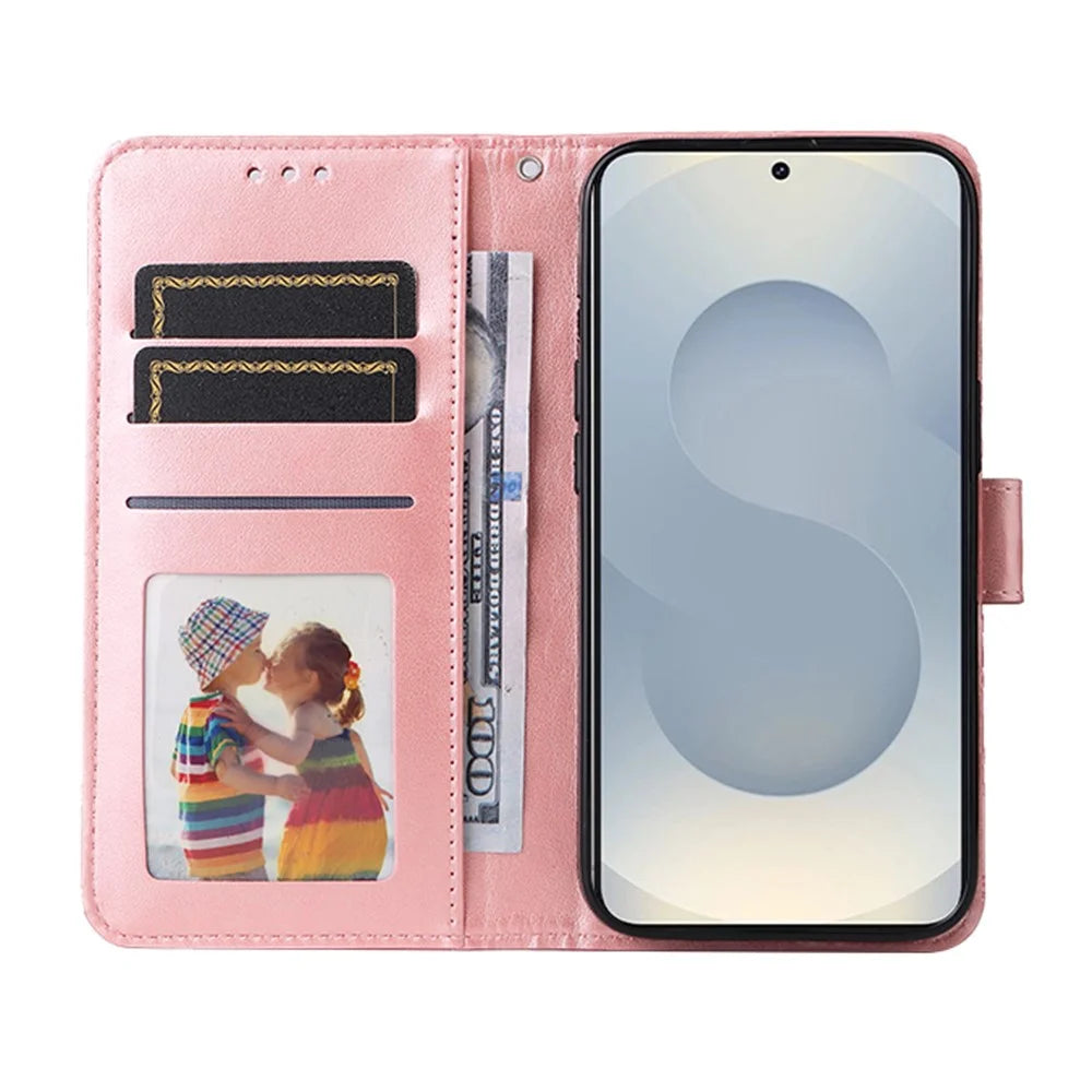 For Samsung Galaxy S25 Edge Case Sunflower Imprint Leather Wallet Phone Cover - Pink - 3