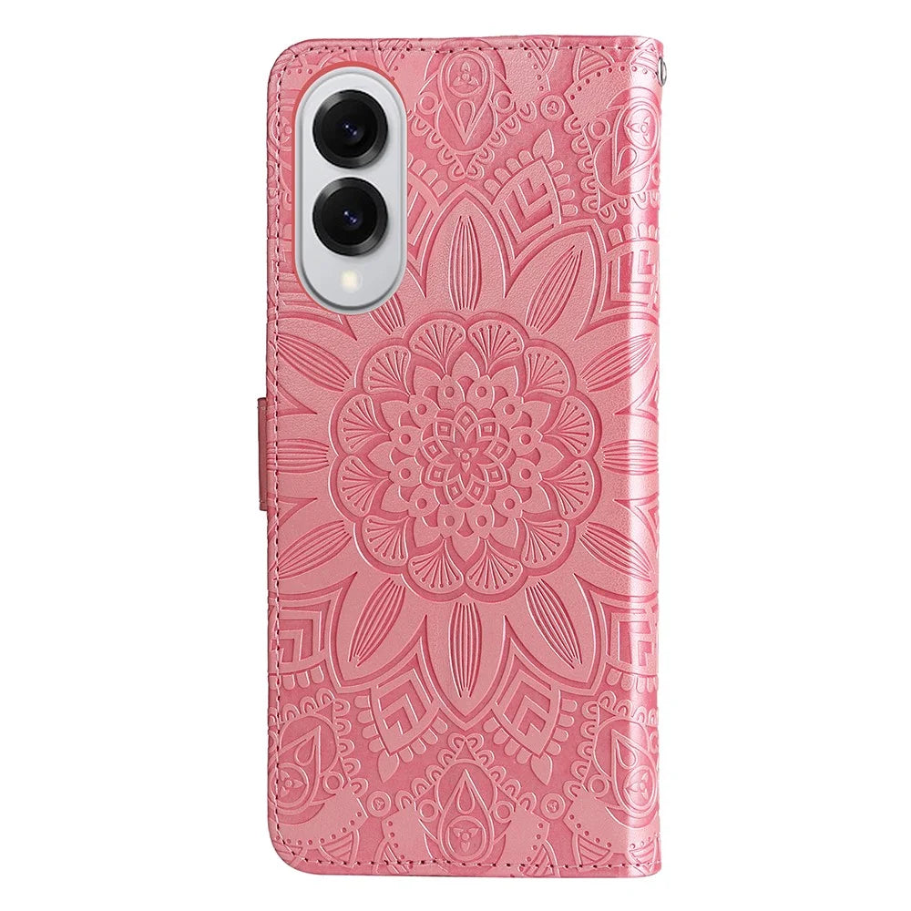 For Samsung Galaxy S25 Edge Case Sunflower Imprint Leather Wallet Phone Cover - Pink - 6