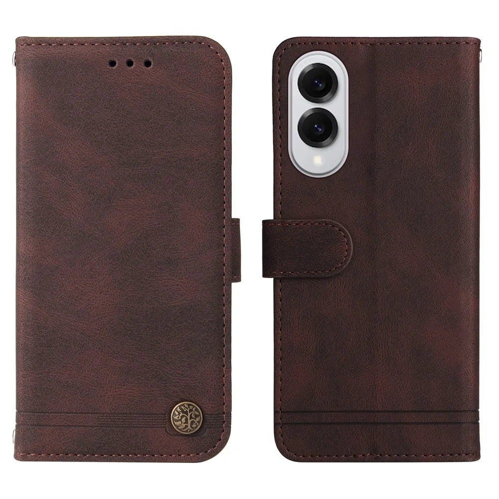 For Samsung Galaxy S25 Edge Leather Wallet Cases Skin Touch Phone Cover Stand with Strap - Brown - 1