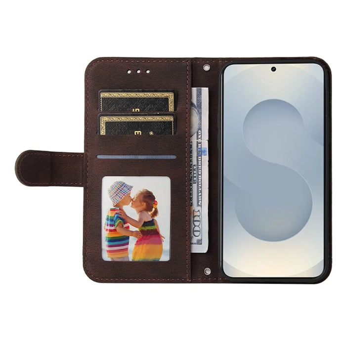 For Samsung Galaxy S25 Edge Leather Wallet Cases Skin Touch Phone Cover Stand with Strap - Brown - 2