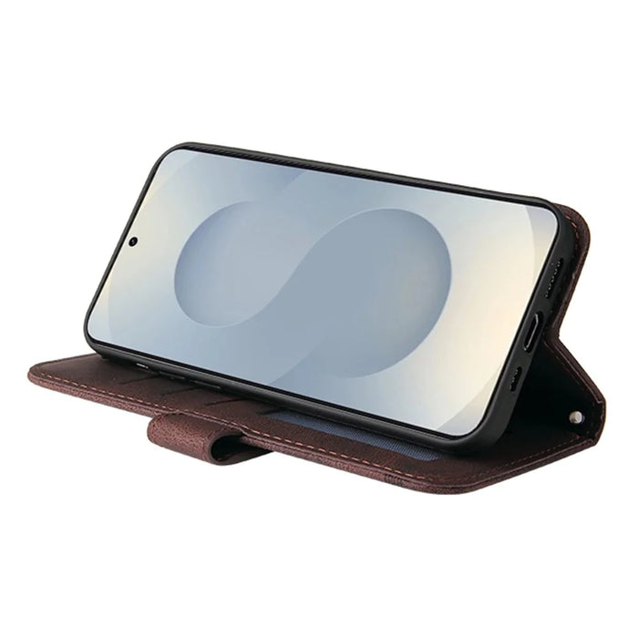 For Samsung Galaxy S25 Edge Leather Wallet Cases Skin Touch Phone Cover Stand with Strap - Brown - 3
