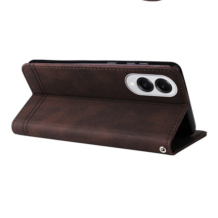 For Samsung Galaxy S25 Edge Leather Wallet Cases Skin Touch Phone Cover Stand with Strap - Brown - 4