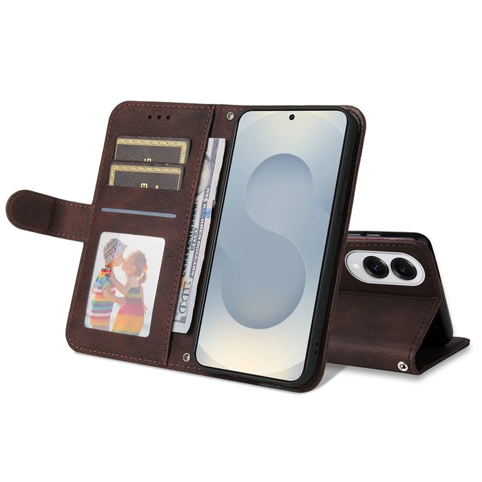 For Samsung Galaxy S25 Edge Leather Wallet Cases Skin Touch Phone Cover Stand with Strap - Brown - 5