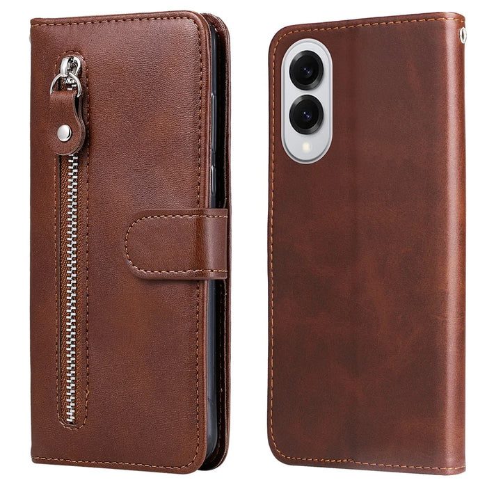 For Samsung Galaxy S25 Edge Case Zipper Wallet Calf Texture PU Leather Phone Cover - Brown - 1