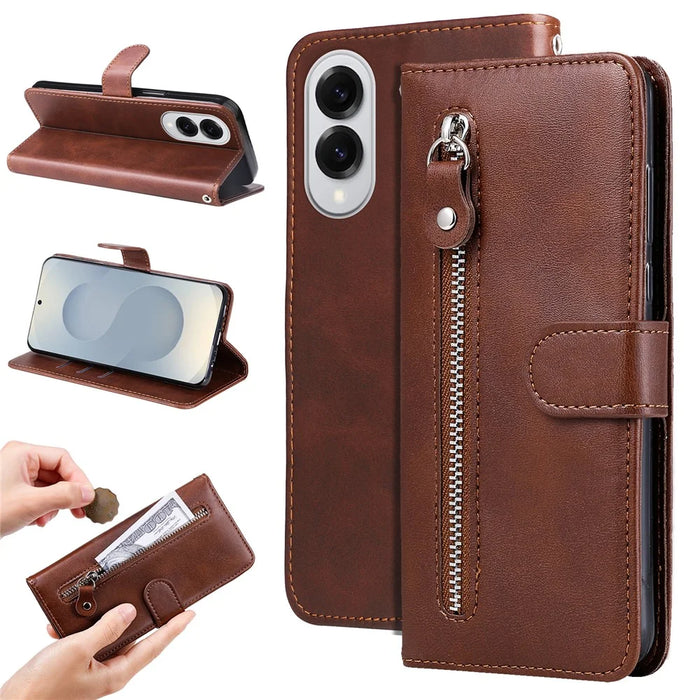 For Samsung Galaxy S25 Edge Case Zipper Wallet Calf Texture PU Leather Phone Cover - Brown - 4