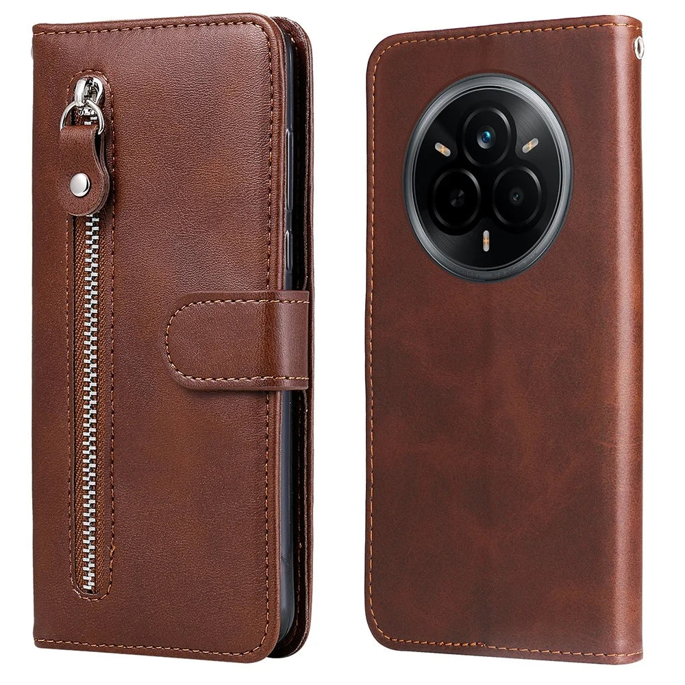 For Realme 14 Pro 5G Case Zipper Wallet Calf Texture PU Leather Phone Cover - Brown - 1
