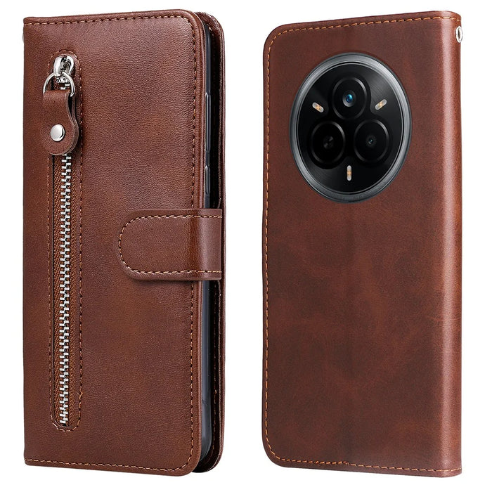 For Realme 14 Pro 5G Case Zipper Wallet Calf Texture PU Leather Phone Cover - Brown - 1