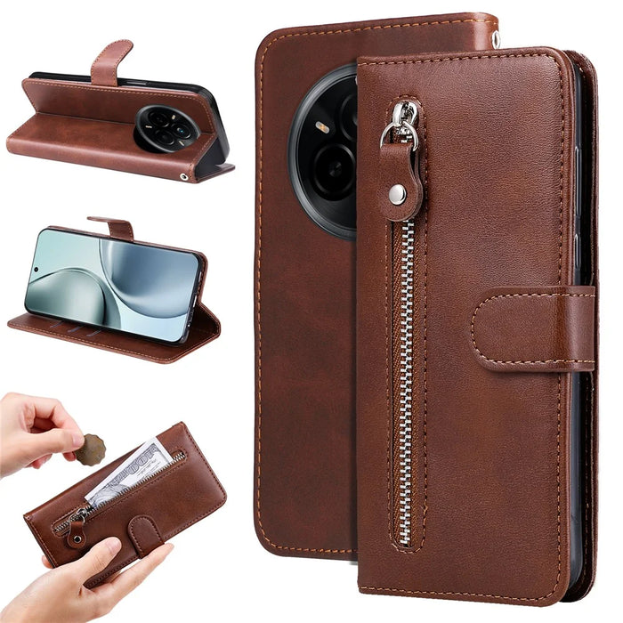 For Realme 14 Pro 5G Case Zipper Wallet Calf Texture PU Leather Phone Cover - Brown - 5