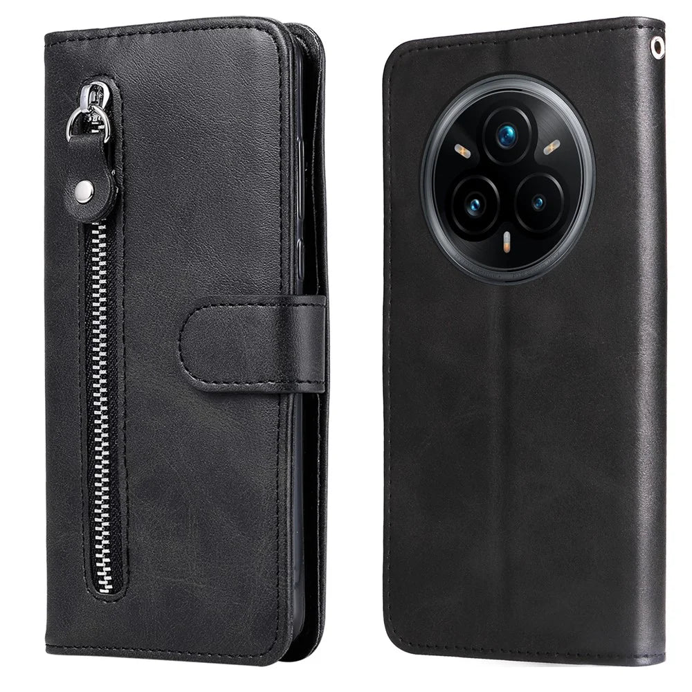 For Realme 14 Pro+ 5G Case Zipper Wallet Calf Texture PU Leather Phone Cover - Black - 1