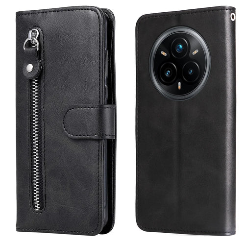For Realme 14 Pro+ 5G Case Zipper Wallet Calf Texture PU Leather Phone Cover - Black - 1