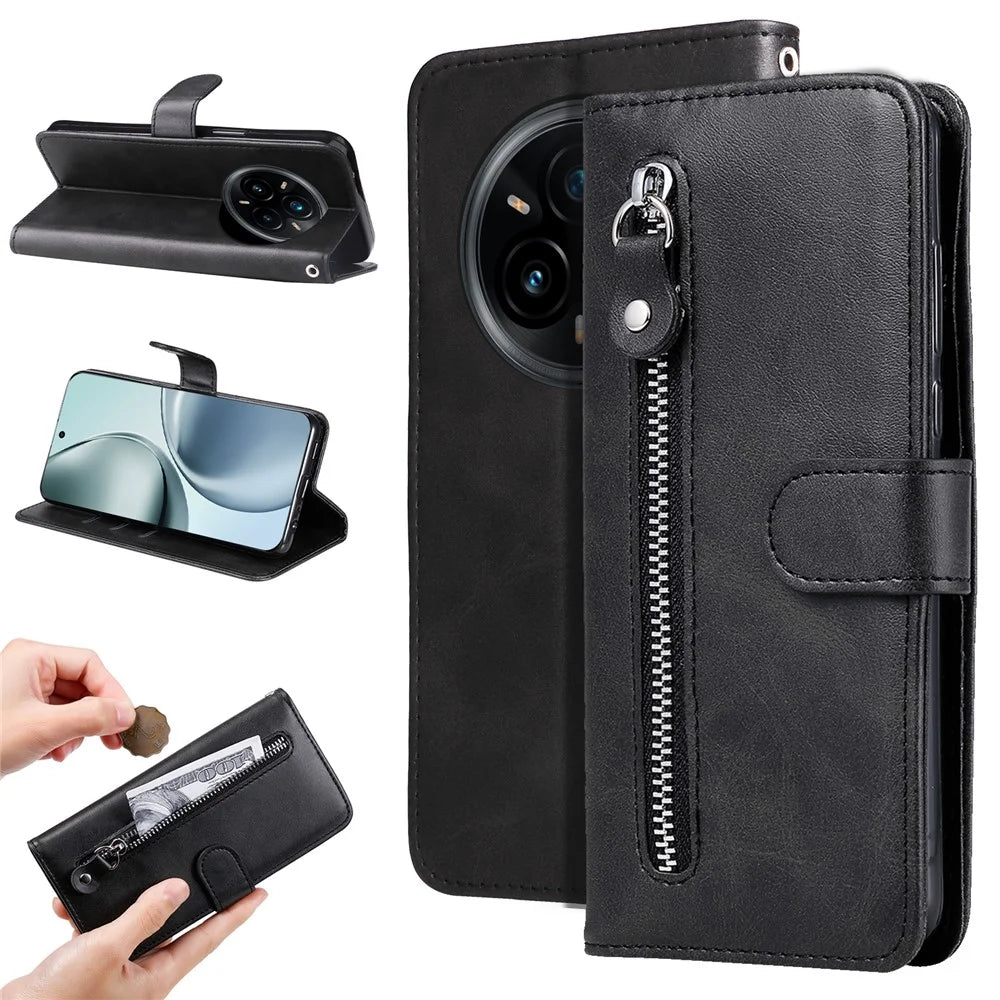 For Realme 14 Pro+ 5G Case Zipper Wallet Calf Texture PU Leather Phone Cover - Black - 4